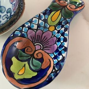 Talavera Spoon Rest Mexico Folk Art Holder Handcrafted Ceramic Pottery